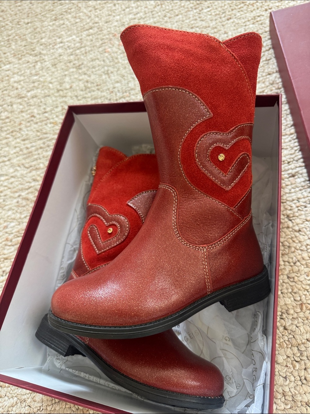 Girls' Red Heart Accent Mid-Calf leather Boots with natural fur inside